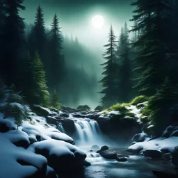 ray of light,fir forrest scenery, heavy mist,mist shadows,valley,creek,forest,,tree,,nature,night,snow,fir tree,night,waterfall.a translucent moon, with dust particles, looking down at a beautiful green fantasy forest