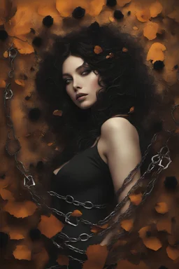 abstract creation of a beautiful girl with black curly hair, surrounded by black roses, thick metal chain broken, glass petals on the ground, autumn colours,dried out thorn bush, chaos,