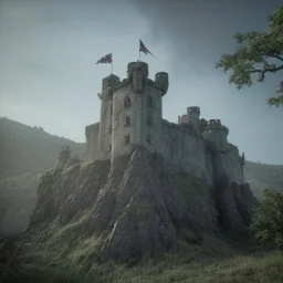 Old stone castle with trees in the background photo realistic