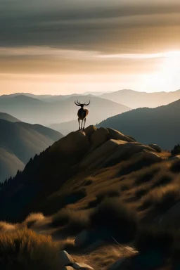 Photograph a lone deer on a mountain peak. Use the golden hour light to create a sense of solitude and achievement