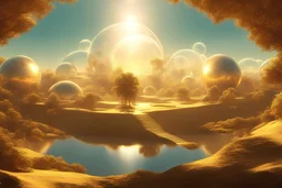 futuristic landscape, uninhabited planet, shiny transparent domes, several suns, magnificent golden light, magnificent trees and nature