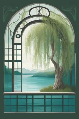 Simple Logo of a pretty willow tree with long green flowing hanging branches outside a window. The window is square with a grid and arch on top, emphasize the window and arch, serene tranquil background with a body of teal water and trees and a cottage in the distance.