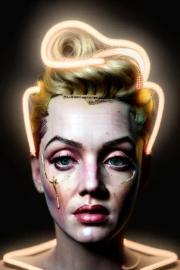 Ultra Realistic image, portrait, blonde woman, sweet Marylin Monroe face, perfect iris, glow eyes, gold makeup, wires attached to head. Mad max style, latex coat, fog, rain, soft color, highly detailed, unreal engine 5, ray tracing, RTX, lumen lighting, ultra detail, volumetric lighting, 3d, finely drawn, high definition, high resolution.