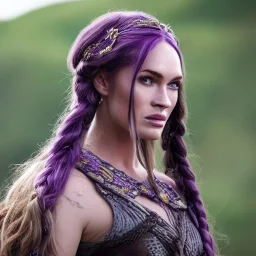 viking queen with purple armor, delicate purple braided hair, white flowing dress, highly detailed, 8k, ambient light, megan fox