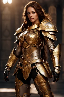 Half body Photography,very beautiful Katty Pery full body,looking front view,brown long hair, mechanical,delicate gold,silver metalic parts, golden parts, intricate armor, detailed part,Movie Still