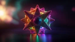 accurate stellated buckyball with protruding organic tentacles and eyes, exciting, beautiful, complete, floating in space, iridescent, luminescent, fantasy, magic, reflective, multicolored, exquisite composition, bokeh, intricate detailed octane render trending on artstation, 8k artistic photography, photorealistic concept art, soft natural volumetric cinematic perfect light, chiaroscuro, award-winning photograph, masterpiece, lens 28mm