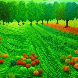 A green land made out of yarn with fruit painted by Claude Monet