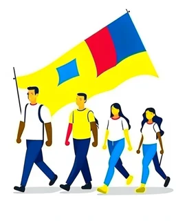 Ilustración vectorial de personas caminando con bandera de Colombia