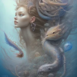 sango fantasy, fantasy magic, intricate, sharp focus, illustration, highly detailed, digital painting, concept art, matte, artgerm and paul lewin and kehinde wiley, masterpiece sexy lips African lady body mermaid lionfish head turquoise space lady beach sea under water mermaid seaweed