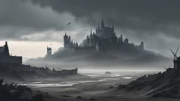 an apocalyptic flat landscape covered in dark gray dust. destroyed medieval town in the far distance. coast of ocean. dead dragons. dark grey mist. seen from the ground. fantasy, horror. no trees