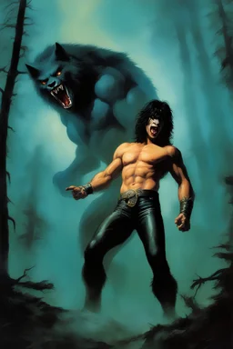 "Double Exposure" {{{{paul stanley full color oil painting art by Alex Ross, fog and clouds rising in the foreground}}}}. {{{{A giant werewolf roaming the woods at night, oil painting art by frank frazetta}}}}