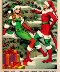 two elves. woman and man. Christmas scene. poster. marvel comic. low-key