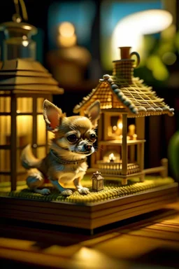 macro photo of Chihuahua in dog house on isometric model on beautiful luxury kitchen table,luxury salt lamp, glass walls and tunnels in isometric perspective, photo-realistic, shot on Hasselblad h6d-400c, zeiss prime lens, bokeh like f/0.8, tilt-shift lens 8k, high detail, smooth render, down-light, unreal engine 5, cinema 4d, HDR