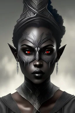 urban fantasy, woman, grey-dark skin color, elf, noble, costume, skull mask on face.