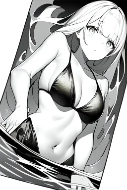 girl in a bikini floats in the water, orthogonal top view, greyscale