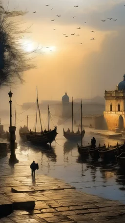 Qaitbay Citadel in Alexandria, fishermen’s boats anchored around it, fishermen putting fishing nets on their boats, fog covering the place, the moment the sun rises