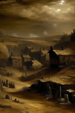 A dark brown underground mining village painted by Albert Pinkham Ryder