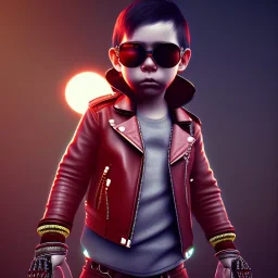 Monkey toddler, steampunk headphone, sunglass, gangsta neckless, full body, red leather jacket, tokio background, dramatic lighting, hyper realistic, unreal engine 5, 16k