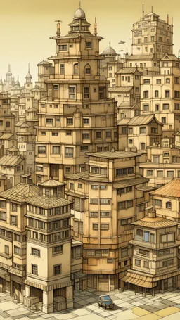 A brown city with blocky buildings painted by Hashimoto Gahō