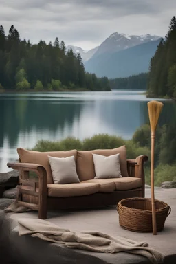 rustikales sofa mit besen mit see berge im haus