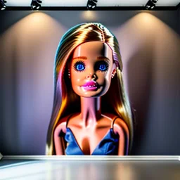 Foto realista. Una Cabeza de muñeca barbie decapitada sin cuerpo. Foto de estudio. Pared de fondo. Gran angular. Simetría. Ultra hd.