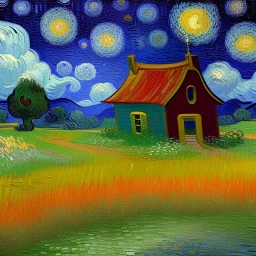 Dibujo al oleo de una pradera con una casa y un perro con muchas nubes de colores estilo Vincent van Gogh