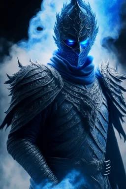 blue smoke in a shape of humanoid of colour of a storm wearing a scalemail armor