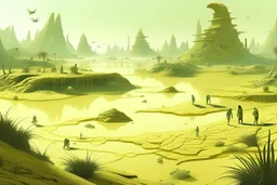 A light yellowish green swamp with bugs in daylight designed in ancient Egyptian hieroglyphics painted by Zhang Lu