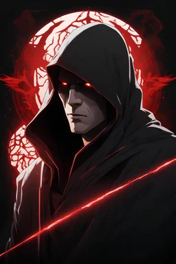 One male. Attractive. black hair. Short hair. Red glowing eyes. Black clothes. Hood on. Tall. Handsome. Pale skin. Masculine.Reaper robe. Best quality. Adult. 4k quality. Detailed. 25 year old man. Portrait. Correct proportions. Human man