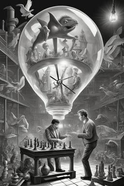 news paper journalist harlequin playing burning chess geese dinosaur reptiles in very bright light bulb factory on the docks with twisted ladders in a confused look on his face in front of a huge glass prism clock with angels, in the style of Escher