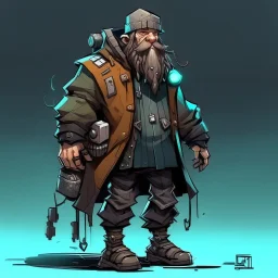 street vandal cyperpunk dwarf with cybernetic legs, dressed with a coat and beanie