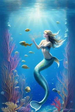 underwater scene, a mermaid, beautiful colors, fish, very fine detail, high quality, mystical, intricate, Impressionism, soft lighting, dream like,