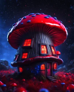 An illogical floating mushroom house on a clear moonless night. . Bright Bold Bright Colors, blue red white, Starry Dark cosmic interstellar. Detailed Matte Painting, deep color, fantastical, intricate detail, splash screen, hyperdetailed, insane depth, concept art, 8k resolution, trending on Artstation, Unreal Engine 5, color depth, backlit, splash art, dramatic, High Quality Whimsical Fun Imaginative Bubbly, perfect composition