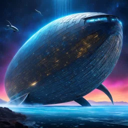 Bigger! Wilder! Whoa! this whale spaceship passes over the camera, it is an hybrid between code and metal: a gigantic metallic structure covered by cryptic code. The metallic surface gleams in the space void, reflecting the harsh rays like a mirror. The cryptic code, a language unknown to any human, glows softly, pulsating with an otherworldly energy.