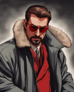 a young man with big muscles who looks like hans gruber wearing a heavy coat and red sunglasses staring with an irritated look on his face