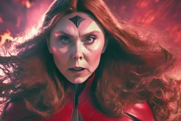 Mulher, feiticeira escarlate, rosto da atriz elizabeth olsen, rosto de wanda maximoff, cabelos ruivos, muito brava, wanda Marvel, expressão de raiva, 4k render, vilã, voando, imagem de longe, manipulando magia, raiva, corpo inteiro, olhos marcantes, mãos atirando magia do caos vermelha, cidade de destruição, cores frias, cinematográfico, dramático. Traje da wanda inspirado no filme doutor estranho no multverso da loucura da marvel, saindo magia de suas mãos,