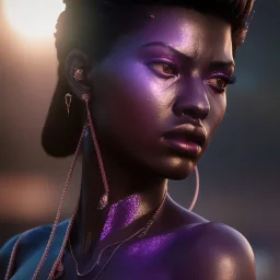 full face shot, masterpiece, best quality, dark skinned, sparkling eyes, fluorescent skin,purple-dark makeup, armed with bullet guns, highly detailed body, sun light, 4K, RAW, depth of field, high contrast, realistic details, 24mm