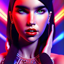 Mystery dua lipa, Ambiance dramatique, dramatic lighting, volumetric lighting, concert background, hyperrealisme, 8k, high quality, lot of details, fit within portrait