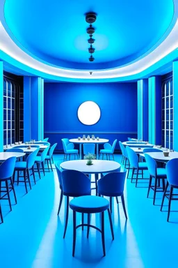 A restaurant with blue walls, a white floor, and an oval-shaped table in the middle of the restaurant with 30 chairs