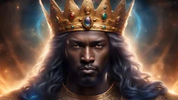 The description portrays a human figure as a powerful and charismatic king. He exudes an aura of strength and majesty, commanding respect and awe from those around him. The image suggests that he controls everything in his realm. His skin reflects strength and uniqueness, and despite his power, he appears regal, emanating confidence and security. The color of his eyes is particularly striking, as they radiate a red hue, adding a touch of mystery and hidden strength to his face. The element of