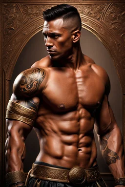 portrait of a 35 year old Handsome muscular warrior with light bronze skin adorned with tattoos. photorealistic