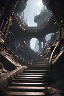 Dystopian Alien planet, Escherian stairs, octane rendered, unreal engine, high contrast, high resolution, 8k, cinematic lights, masterpiece, photorealistic, 3d