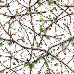 Real Tree Camouflage made of sticks, twigs, leaves, pine branches, snow and dirt, white background, seamless repeatable texture pattern