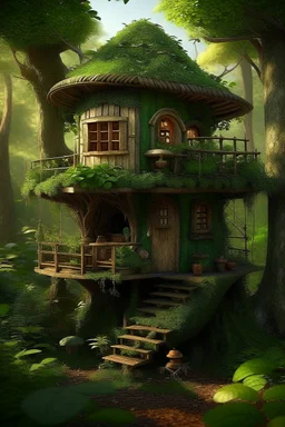 a tiny house, nestled in the uppermost branches of a towering tree, providing a cozy and secluded sanctuary amidst the dense foliage of a vibrant forest. The air is filled with the earthy scent of moss and leaves, and the gentle rustling of the wind creates a soothing melody. The mood is whimsical and inviting, with a touch of mystery and adventure. A mix of realism and fantasy, capturing the magic of nature's embrace. Watercolor washes and intricate line work, reminiscent of the Art Nouveau mov