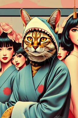 cat with shark mask hat solana surrounded by beautiful model women japanese style in the style of warhol