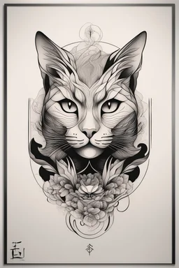 Create a captivating modern 2d ink tattoo design for print , prestigious Sacred Cat using the elegant influences of japan art style, for print, dynamic elements from fashion and design, and bold Japanese contemporary art aesthetics, framing centered in the center, distanced from the edges of the paper perimeter, perfect anatomy, bauhaus, Divine Proportion,