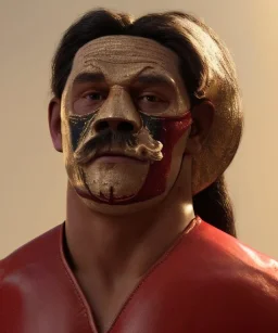 Strong Man, Mexican wrestling, Mexican mask, retro style, hot ambient, photo studio, latex color dress, red, gold, vibrant color, highly detailed, art stations, concept art, smooth, unreal engine 5, god rays, ray tracing, RTX, lumen lighting, ultra detail, volumetric lighting, 3d, finely drawn, high definition, high resolution.