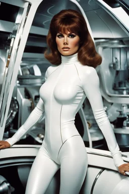 [bekka bjorke's style] A young beautiful Raquel Welch in a scene from the movie 60's scifi movie Fantastic Voyage. She is wearing a tight white rubber wetsuit. She is inside a futuristic submarine.