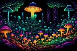 saturated black light colors. millions of distorted strange dots art detailed mystical trippy ultra saturated neon detailed look into an old wise gnome holding mushrooms next to a fire in the glowing mushroom forest, but a hallway of mushrooms. (Retro Art Nouveau-influenced concert posters). Art deco mushroom border. DMT like entities. aliens and mythical creatures melting faces. white swirls in the blank space