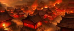 An orangish red Eastern village with torches designed in Heidrun manuscripts painted by Zhang Lu